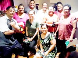 Some of American Samoa’s in-service teachers gather around Dr. Larry Purcell (back row, in white shirt)