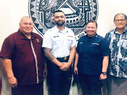 (Left-right): Chief of Staff, Loa Tuimavave Tauapa’i Laupola, Yeoman Third Class (YN3) Adrian Baqui, Yeoman First Class (YN1) Moli PoChing and an unidentified man.