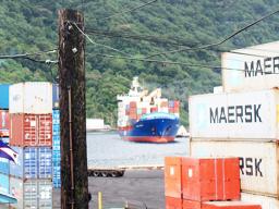 The cargo vessel Fesco Askold slowly pulling into Port of Pago Pago