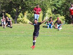Walter Pati of American Samoa celebrates after scoring the