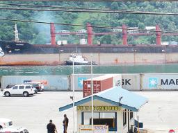 A view of the Port of Pago Pago as the North Korean cargo ship, Wise Honest, is slowly being towed to the main dock of Pago Pago Harbor