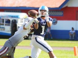 A pass intended for Avory Seumanutafa is deflected by Alex Peric