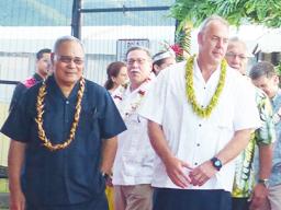 Assistant Interior Secretary for the Insular Areas Douglas Domenech in the background between Gov. Lolo Matalasi Moliga and former Interior Secretary Ryan Zinke 