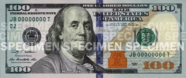 $100 bill stamped specimen
