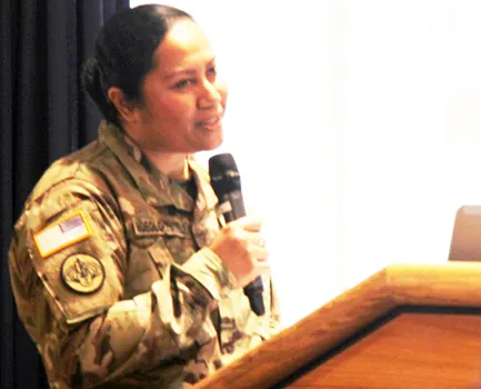 Maj. Eline D. Moeolo-Tuitele with the 88th Readiness Division speaks to Fort McCoy, Wis., community members during the Asian-American/Pacific Islander Heritage Month observance May 17, 2018, at McCoy’s Community Center. The theme for the 2018 observance is “Unite our vision by working together.” [U.S. Army Photo: Aimee Malone, Public Affairs Office, Fort McCoy, Wis.]