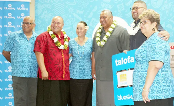 Raj Deo, Governor Lemanu’s chief of staff Tuimavave Tauapai Laupola, Bluesky Human Resources manager Lisa Gebauer, Gov. Lemanu Peleti Palepoi Sialega Mauga, Bluesky chief executive officer, Justin Tuiasosopo, and Bluesky customer service manager Sherry Sele