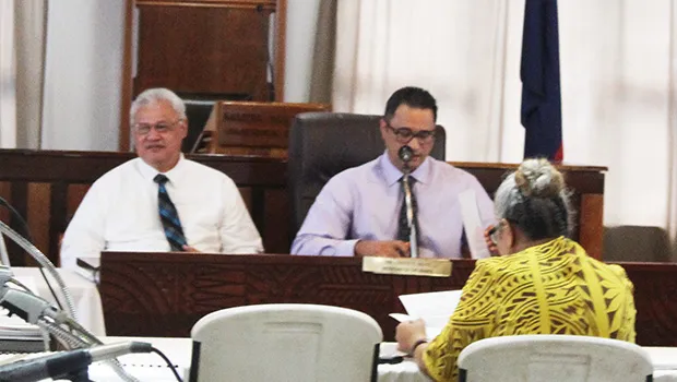 Attorney General Talauega Eleasalo V. Ale (right) and the AG’s office administrator  Fa’aua’a Katuferu during the Department of Legal Affairs FY 2020 budget hearing on Wednesday before the Fono Joint Budget Committee