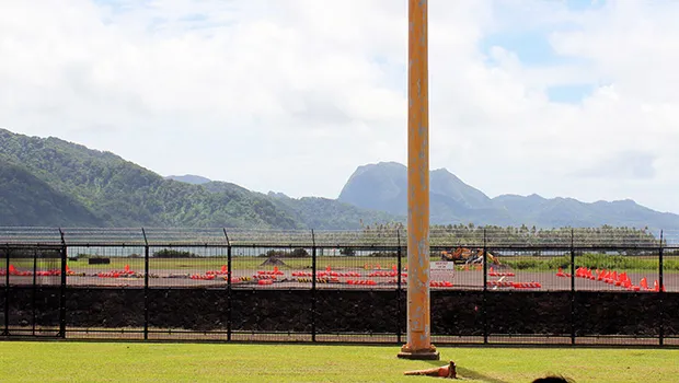 the construction area is seen coned-off on the tarmac and is visible from the Terminal Building