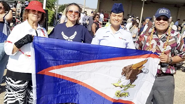 Airmen 1st Class Jacqueline Ale is pictured with parents- Tifi  Ale and Fuji Nomura Ale, and elder sister Delta Pilot Laura Ale-Englebrecht