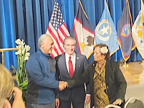 Congresswoman Uifa’atali Amata and Governor Pulaali’i with Secretary Burgum.