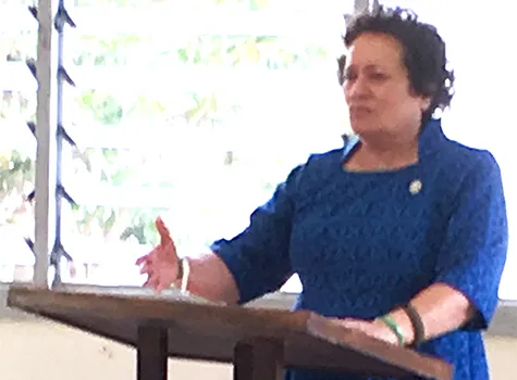 Aumua Amata in American Samoa speaking at a recent town hall.