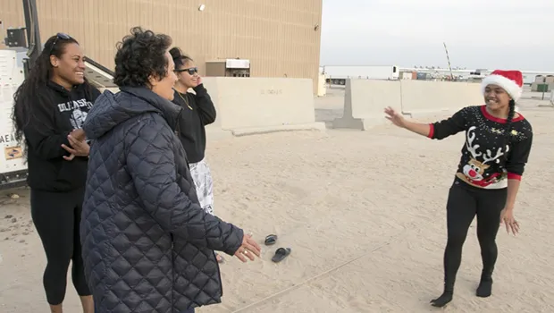 Congresswoman Aumua Amata (AS), meets with U.S. Army Soldiers from the 962nd Quartermaster Company (Mortuary Affairs), out of Fort Shafter, Hawaii, Dec. 25, 2018, Camp Arifjan, Kuwait. Congressional delegates from American Samoa, New York, Pennsylvania and Texas were in Kuwait to visit troops during the holidays