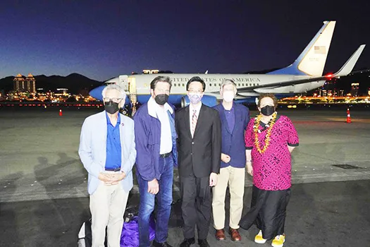 from left, U.S. Democratic House member Alan Lowenthal from California, Democratic House members John Garamendi, Donald Yu-Tien Hsu, Director-General, dept. of North American Affairs, Taiwan's Ministry of Foreign Affairs, Democratic House member Don Beyer from Virginia and Republican Rep. Uifa’atali Aumua Amata Coleman Radewagen, delegate from American Samoa