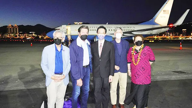 Alan Lowenthal from California, Democratic House members John Garamendi, Donald Yu-Tien Hsu, Director-General, dept. of North American Affairs, Taiwan's Ministry of Foreign Affairs, Democratic House member Don Beyer from Virginia and Republican Rep. Aumua Amata Coleman Radewagen, delegate from American Samoa pose for a photo after arriving on a U.S. government plane at Songshan airport in Taipei.