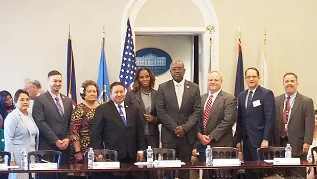 Congresswoman Amata with Congresswoman Plaskett (center), Congressman San Nicolas, territory governors and Interior Secretary Bernhardt 