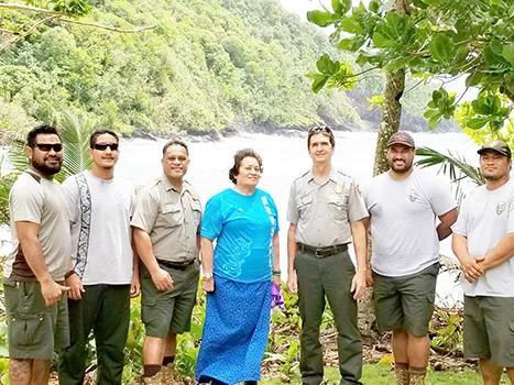 Amata with Superintendent Scott Burch, Ranger/Education Assistant Pua Tuaua Jr., and a hardworking crew of the National Park of American Samoa. 