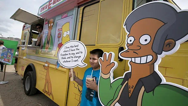 In this March 15, 2015, file photo, an Apu cutout is displayed at a Simpsons Kwik-E-Mart Truck 