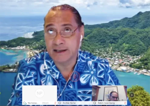 Wespac Chairman Archie Soliai participates in a video conference 