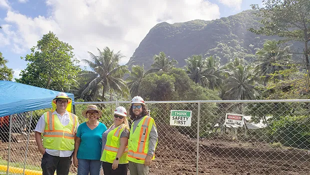 Mayor of Aua village Muaiavaona Fofoga Pila (second from left) with personnel from the US Army Corps of Engineers (USACE), Santiago Gallego (far left), Daisy Pate (third from left), and Mathew Segura (far right).