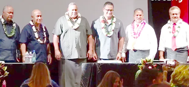  [l-r]: candidate for lieutenant governor Tapaau Dr. Dan Mageo Aga, and candidate for governor, I’aulualo Fa’afetai Talia; candidate for governor Lt. Gov. Lemanu Palepoi Sialega Mauga and candidate for lieutenant governor Talauega Eleasalo Va’alele Ale; and candidate for lieutenant governor Tapumanaia Galu Satele Jr. with candidate for governor Sen. Nuanuaolefeagaiga Saoluaga T. Nua.  
