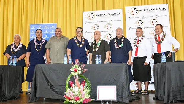 The teams (l-r] on stage: Sen. Fai’ivae Iuli Godinet, candidate for lieutenant governor and running mate candidate for governor, Senate President Gaoteote Tofau Palaie; candidate for governor; Lt. Gov. Lemanu Peleti Mauga candidate for governor and Talauega Eleasalo Va’alele Ale for lieutenant governor; I’aulualo Fa’afetai Talia candidate for governor and Tapaau Dr. Dan Mageo Aga as lieutenant governor; and Tapumanaia Galu Satele Jr., for lieutenant governor and candidate for governor, Nuauaolefeagaiga Saol
