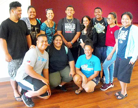  Shebana Coelho (back row, 4th right) is welcomed by ASCC artist Regina Meredith-Fitiao and members of the class Drama Workshop