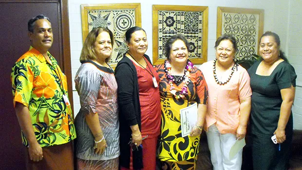 [l-r]: Sonny Leomiti, vice president of Administration & Finance; Dr. Pato; Letupu Moananu, vice president of Academic Affairs; Leuma; Ah Mu; and Sereima Asifoa, director of Human Resources.