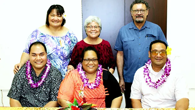 Dr. Reupena Lesa (front, left) and Dr. Ernie Seiuli (front, R) each earned a Doctor of Education, while Dr. Feleni Alainuuese (front, C) completed a Doctor of Philosophy in Education. Joining in the celebration were ASCC Teacher Education Program Director Shirley De La Rosa and Trades & Technical Program Director Fred Suisala