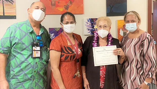 Mrs. Diana Tarrant (2nd right)  (left to right) ACNR Director Aufa’i Apulu Ropeti Areta, Acting Vice President of Administration and Finance Ms. Grace Tulafono, and ASCC President Dr. Rosevonne Pato