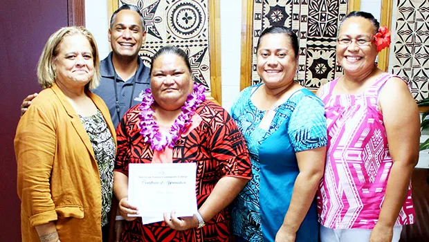 Dr. Rosevonne Pato (far left),Ms. Mele Faiai (center), Mr. Sonny Leomiti (2nd left), Mrs. Sereima Asifoa (2nd right), and Mrs. Amio Mavaega-Luvu