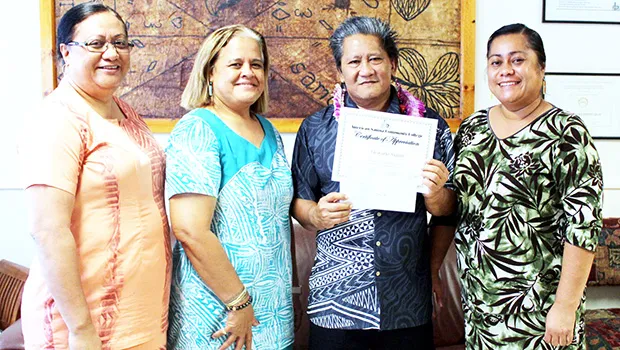  Mr. Eleasalo Sialoi (2nd right)l –r) Vice President of Academic and Student Affairs Mrs. Letupu Moananu, ASCC President Dr. Rosevonne Pato, and Human Resources Director Mrs. Sereima Asifoa.
