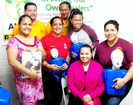 The visiting instructor was Erica Davis (front, seated), Associate Director of the Hawaii-Pacific Basin AHEC, assisted by local AHEC Center Director Monica Afalava (far right) and participants