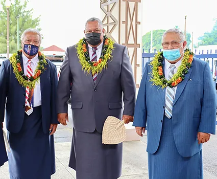 Pictured [l-r], House Speaker Savali Talavou Ale, Gov. Lemanu Peleti Mauga, and Senate President Tuaolo Manaia Fruean. [photo: Gov’s Office]