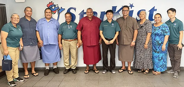  (L-R) Starkist HR/Safety Manager, Molly Schuster; DMWR Director Taotasi Archie Soliai; Attorney General Fainuulelei Falefatu Alailima Utu; StarKist Senior Manager Faafoi Palepua; Governor Lemanu; StarKist Plant Director Kim; Lt. Gov.  Talauega Eleasalo Ale Ale; Chief Immigration Officer Fagamalama Fualaau; Commerce Department director Petti Matila; and StarKist Environmental Associate Manager Edmund Kim.  