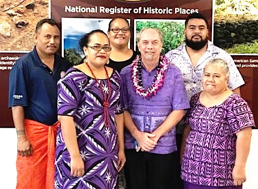  (back row l-r): Chris Ausage, staff historian; Tish Peau, Historic Preservation Officer and executive director; and Lance Te'i, GIS specialist and historian tech. (front row l-r) Flo Aetonu, grant manager; former Historic Preservation Officer turned consultant, David Herdrich; and Epi Suafo'a-Taua'i, archaeological technician