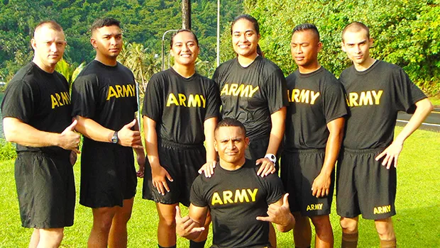 [l-r standing) Sgt. Embery, Sgt. Hunt, Spc. Maluafou, Sgt. Mortenson Sgt. Sapla and Spc. Stanleyfelt; and kneeling is PFC. Ulimasao