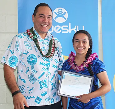 Bluesky Pacific Group chief executive officer Toleafoa Tiafau Douglas Creevey (left) pictured last Friday, with South Pacific Academy graduate Monique Hollister