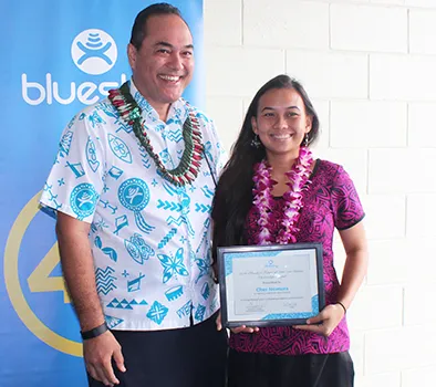 Bluesky Pacific Group chief executive officer Toleafoa Tiafau Douglas Creevey (left) pictured last Friday, with Pacific Horizons Schools graduate Cher Nomura