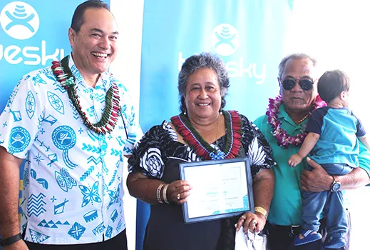 Bluesky Pacific Group chief executive officer Toleafoa Tiafau Douglas Creevey (far left) pictured last Friday, with Mr. and Mrs. Sili Sataua