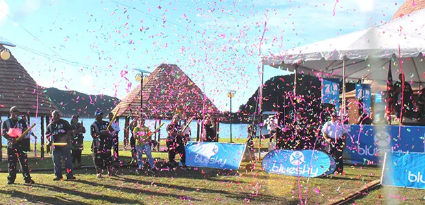 Confetti in the air at the start of Bluesky Communication's birthday bash.