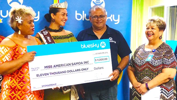 Miss American Samoa Inc. (MASI) president Meafou Imo; Miss Pacific Islands Matauaina Toomalatai, who is also the reigning Miss American Samoa; Bluesky Communications country manager, Raj Deo; and Bluesky Customer Service Manager Sherry Sele