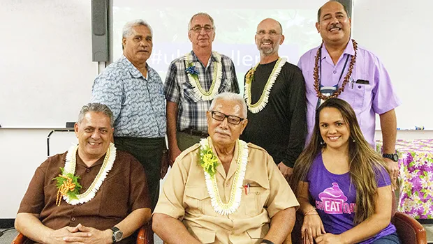 Front row (l-r) Swains Island Representative Su‘a Alexander Jennings, former ACNR Director HC Tauiliili Pemerika and Cheat Day owner Tina Reid. Second row (l-r) Agriculture Extension Program Manager Autagavaia Tunai Alfred Peters, Jim Currie, Dr. Craig Elevitch and ASCC-ACNR Director Aufa‘i Apulu Ropeti Areta. 