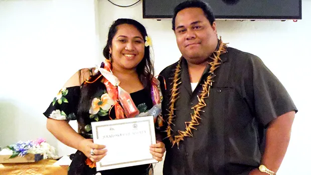 Oneata Rosie Soi received the Samoan Studies Award from Samoan Studies Institute department chairman Evile Feleti. 