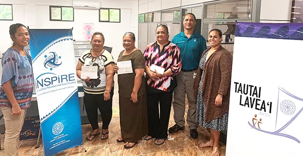 (l-r) ASCCC treasurer Christinna Lutu-Sanchez, Akenese Maifea, Faaeteete Sio, Meleseini Siufanua, ASCCC chairman Taotasi Archie Soliai, and board member Dr. Jueta McCutchan.