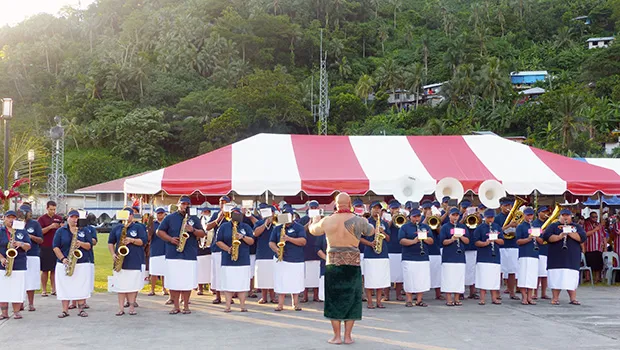CCCAS Petesa Uta Youth Marching Band with their conductor, Tauese Va’aomala Sunia