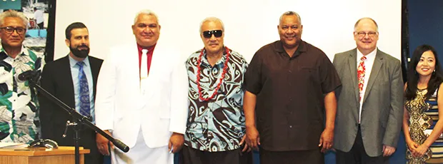 Pictured [l-r] Commerce director Keniseli Lafaele; 2020 Census Advisor to American Samoa, Jason Kopp; Rev. Nepo Pu’a; Secretary of Samoan Affairs, Mauga T. Asuega; Lt. Gov. Lemanu Palepoi Sialega Mauga; and US Census Bureau officials James Treat and Jennifer Kim