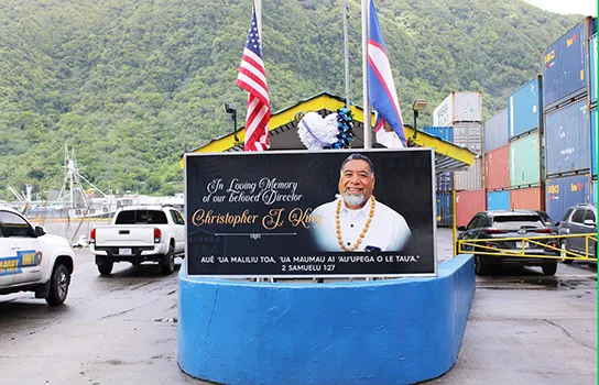 The banner placed in front of the Port Administration entrance