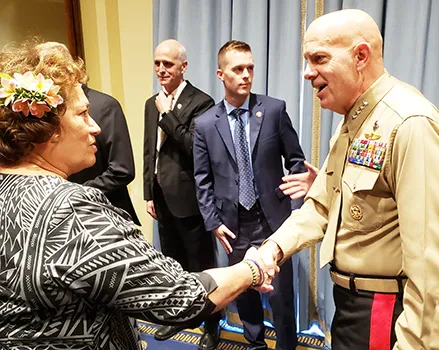 Congresswoman Amata greeting Commandant of the Marine Corps Gen. David Berger