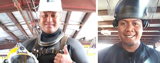 Photos of Peter Taliva’a, from Leloaloa/ Aunu’I Island, and Richard Salanoa, from Tula/ Fagaalu in dive suits