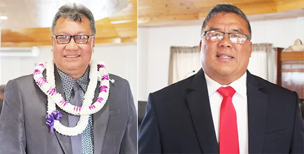 Ti’alemasunu Dr. Mikaele Etuale (left) and Solialealofiotagaloa Iosua Tasi Mutin following the Senate confirmation hearings yesterday morning.